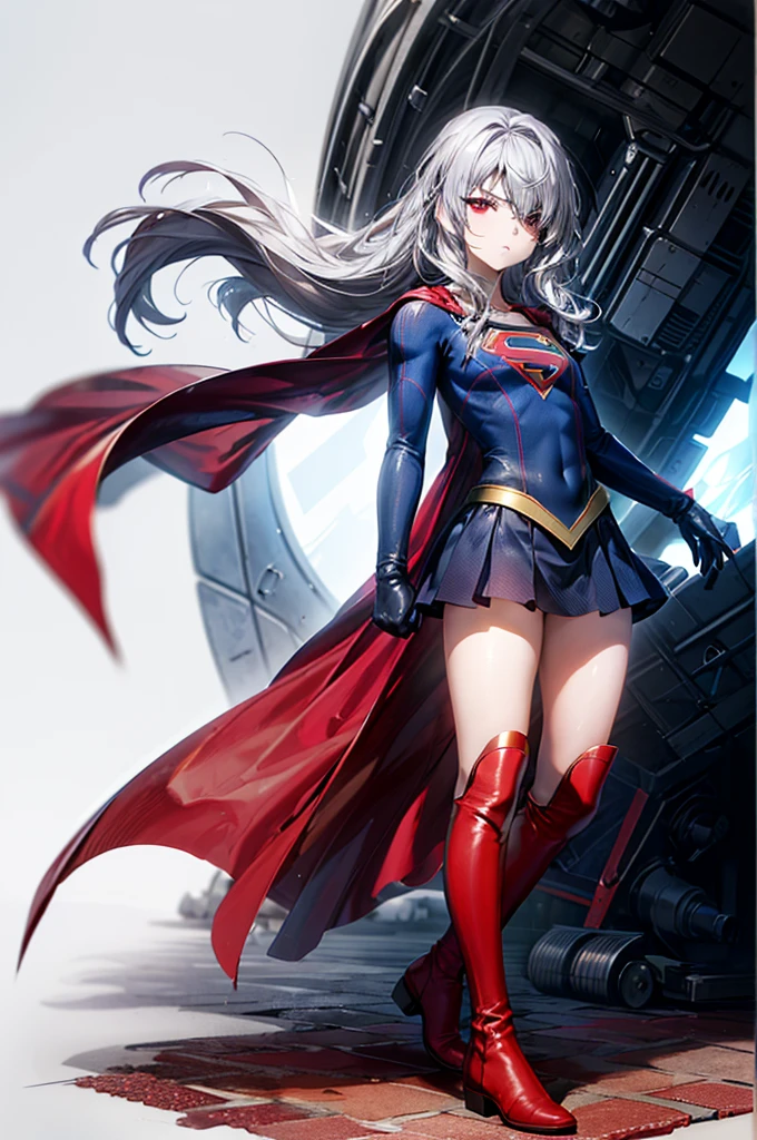 (full body), (masterpiece:1.2), (Highest_quality:1.2), (Ultra_detailed:1.3), 8k,Low - Angle，From below，((1 girl，One person))，Big ass girl, Annoyed face，Glare，Viewer ID Chest, barefoot，Red long boots, Superman_oc，( Supergirl)，Laura Bodewig, Long Hair, (Red eyes:1.3), Grey Hair, Eye patch,Blue leotard，Red Cape，gloves，Simple Background，White Background，