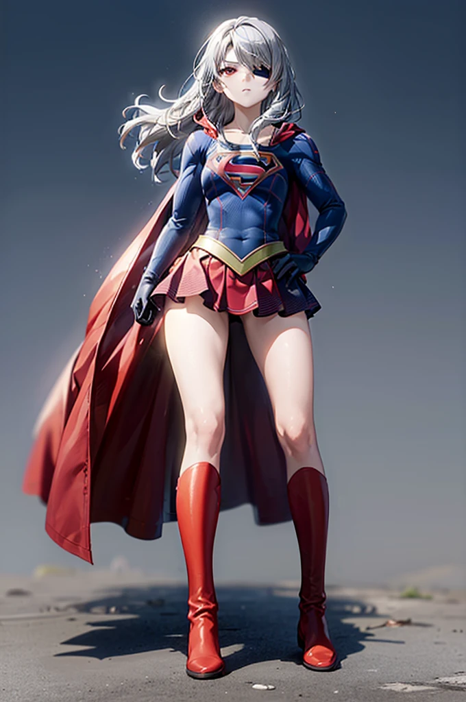 (full body), (masterpiece:1.2), (Highest_quality:1.2), (Ultra_detailed:1.3), 8k,Low - Angle，From below，((1 girl，One person))，Big ass girl, Annoyed face，Glare，Viewer ID Chest, barefoot，Red long boots, Superman_oc，( Supergirl)，Laura Bodewig, Long Hair, (Red eyes:1.3), Grey Hair, Eye patch,Blue leotard，Red Cape，gloves，Simple Background，White Background，