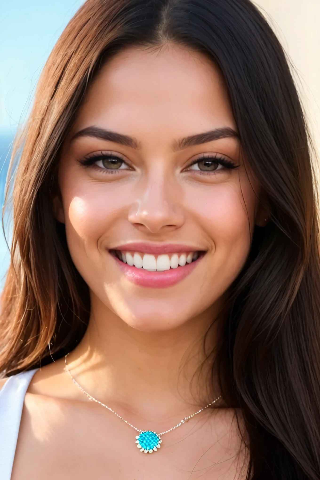 Photorealistic, ultra-detailed, High-resolution Photo, Frontal Portrait, Stunning Lady, Radiant Smile with White Teeth (1.3), Honey-colored Eyes, Luscious Long Straight Black Hair, Realistic, Looking Directly into the Camera, Professional Quality, Seed: 82916586825371460, Aspect Ratio: 3:4, Interpolation Width: 0.7