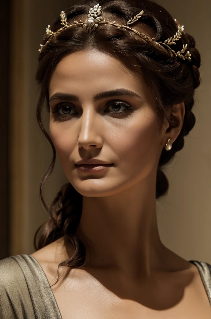 A woman 35 years old that is a tarot reader. She has captivating eyes, beautifully detailed lips, long eyelashes, and a mystical aura. Her face and features are extremely detailed, highlighted by soft lighting. She wears intricately ornate clothing, and behind her is a plain white wall. Ensure the image is of the highest quality, with ultra-detailed, realistic, and photorealistic elements, rendered in 4k and 8k resolution. White lights and empty dark brown wall behind her. She is holding a deck of tarot cards in both hands. vignette, highly detailed, high budget, bokeh, epic, gorgeous, aperture f/1.6, ISO 32, shutter speed of 1/1224s, photorealistic. Film grainy.
