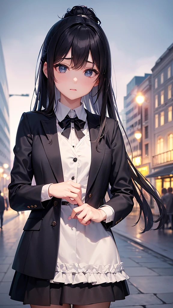 1girl，((Smooth, long brown hair fluttering in the wind，Green Eyes))，((masterpiece，Very realistic，A detailed anime wallpaper:1.4))，((Perfect Anatomy:1.2))，Cute symmetrical face，CG Unity 8k，((White Blazer Uniform，Black tie，pleated micro mini skirt，White thigh-high socks))，8K quality，Extremely sophisticated digital art，((Looking to the side and touching her hair with one hand:1.35))，Perfect cute girl，Looking at the camera with a gentle smile，A soothing smile，Very large breasts，Extremely detailed hair and face，Artistic pastel art，A pier with a beautiful night view of the big city，((Fresh breeze))，Professional Lighting，Supermodel，((Light blue lace side tie panties:1.05))