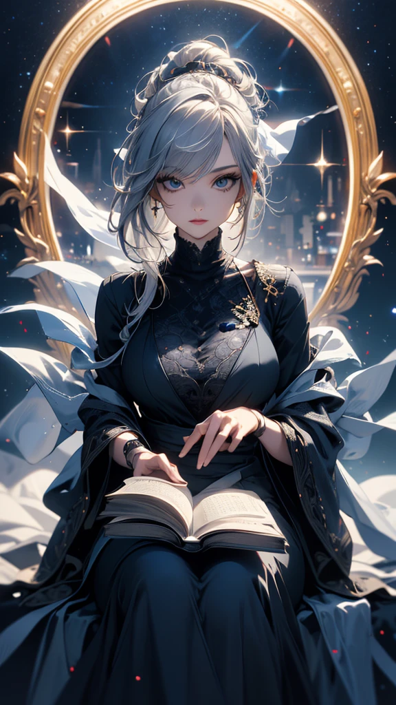 masterpiece, high quality, 4K, Beautiful design, silhouette,Gray Hair, Highly detailed time and space, wonderful, Finer details, Very knowledgeable woman, Highly detailed solo, 1 female,Big Breasts,High-neck dress,Reading a book,Night view,Starry Sky,full moon,