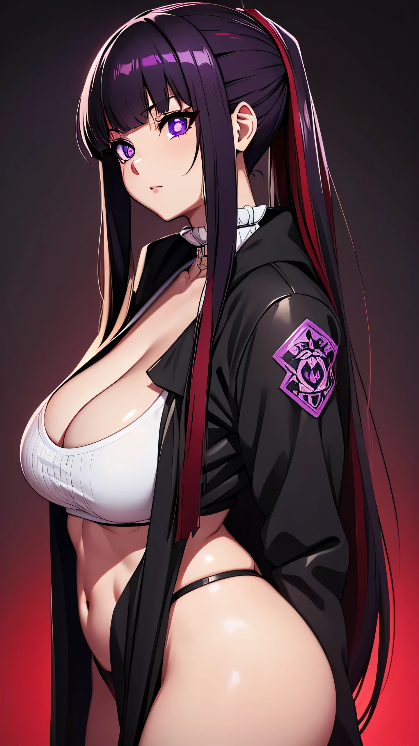 FernDNV, a woman standing outside wearing street clothes, punk style outfit, seductive anime girl, violet eyes, dark purple eyes, beautiful punk anime girl, detailed digital anime art, anime goth girl, extremely detailed eyes, black hair, goth anime girl with black hair, black hair with red highlights, dark red highlights in hair, cleavage, stomach, beautiful anime girl, beautiful alluring anime woman, extremely detailed artgerm, 8k, guweiz, detailed hands, medium length hair with red highlights, hair tied up, detailed face, two arms