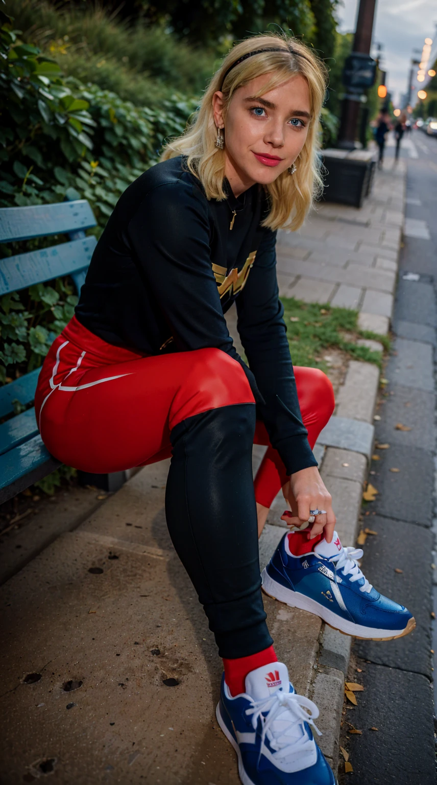 Masterpiece, Best quality, (solo girl), (close portrait), (photorealistic1.4), (epiCRealLife), (flashphoto), (UHD), (young woman), (blonde hair), (blue eyes), (Wondergirl_YJ latex black armor costume), (Wondergirl_YJ black hairband) (long red Wondergirl_YJ adidas sweat pants), (Wondergirl_YJ black costume) (, (outdoor ), (Paris Street), (Eifel Tower), (red jogging pants), (Kiernan Shipka smile),(sks woman), (from side), (blue sneaker shoes),  (sitting on bench), (
