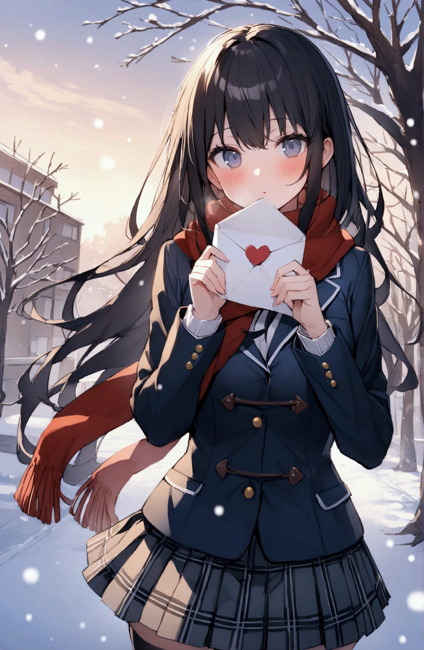 One Woman、beautiful girl、after school、evening、high school girl、Academy、Back of the school building、Schoolyard、winter、Under a big tree、It's snowing、Snowfall、Blazer uniform、Pleated skirt、Duffle coat、Black knee-high socks、Long Hair、Wearing a scarf、Highest quality, Thick thighs、Big 、Black Hair、The girl is blushing、To the audience、Holding a love letter in both hands、Present a love letter to the audience、White Breath、Handing a love letter to the audience