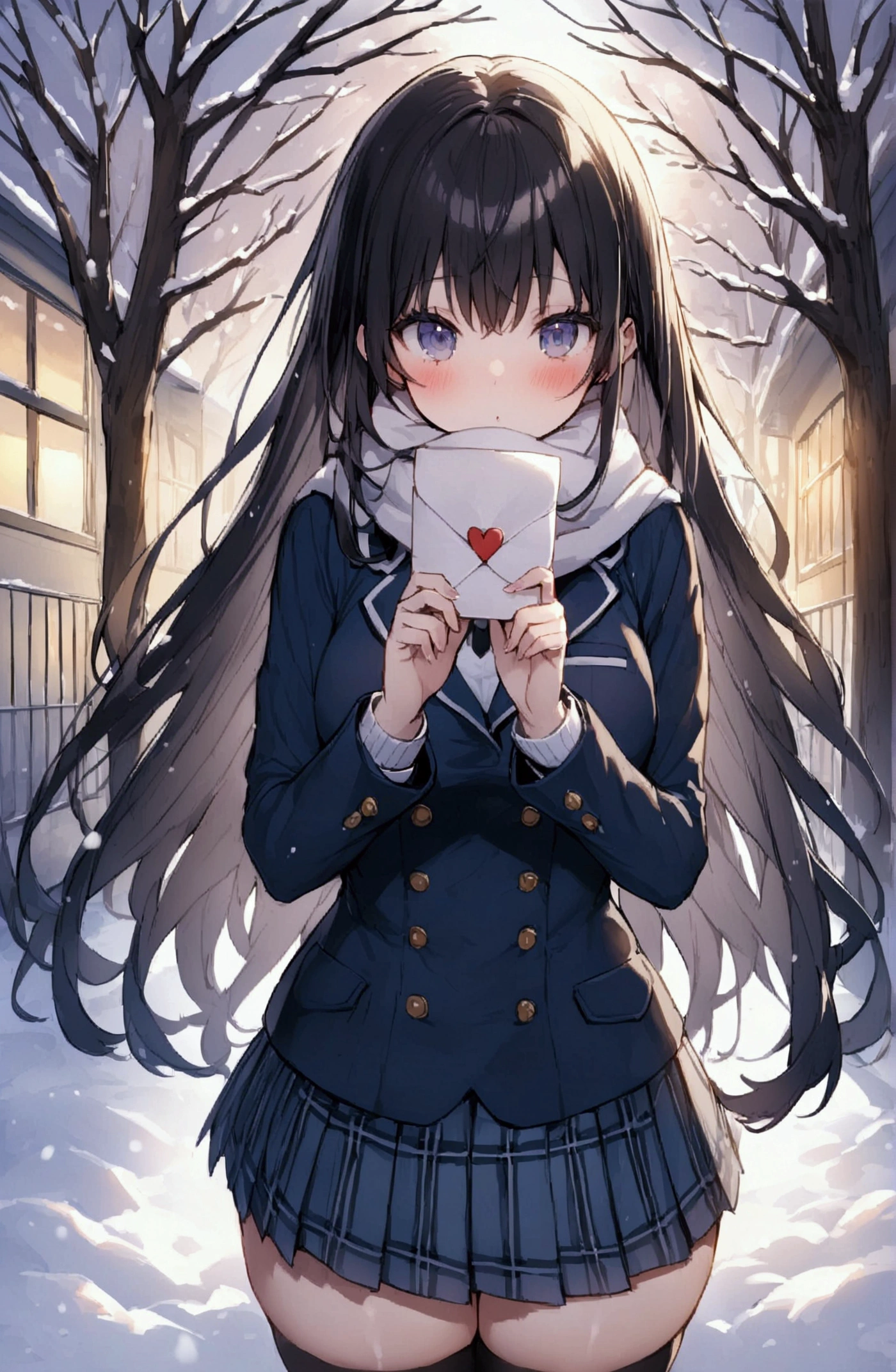 One Woman、beautiful girl、after school、evening、high school girl、Academy、Back of the school building、Schoolyard、winter、Under a big tree、It's snowing、Snowfall、Blazer uniform、Pleated skirt、Duffle coat、Black knee-high socks、Long Hair、Wearing a scarf、Highest quality, Thick thighs、Big 、Black Hair、The girl is blushing、To the audience、Holding a love letter in both hands、Present a love letter to the audience、White Breath、Handing a love letter to the audience