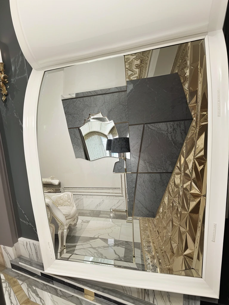 There is an 82cm x 25cm x 82cm MIRROR OF ENCHANTMENT CLASSIC on the wall which is the visual focus ,DIOR advertising style,furniture advertising graphic photography, Italian castle living room, stucco wall,Black and white marble floor、 Italian masterpiece, Great masterpiece,Elegant