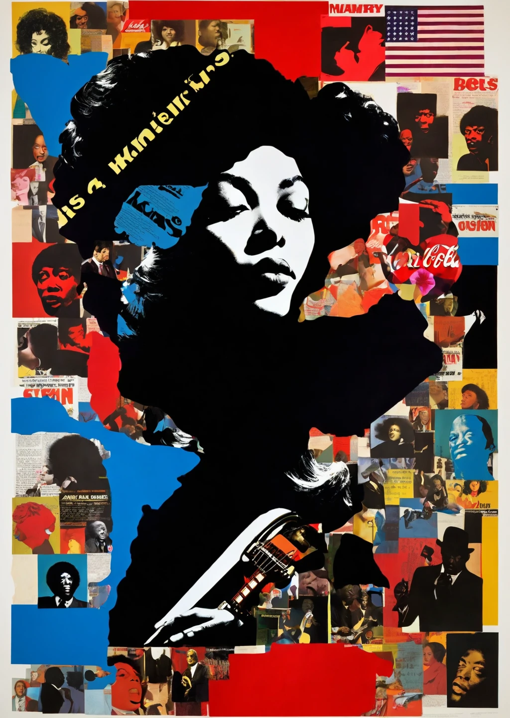 1人のBlackギタリスト、Jimi Hendrick、silhouette、Realistic、
Karl Kleiner Barbara Kruger Summary, Black、American, collage, Digital, graphic design, Pop Art, Portraiture