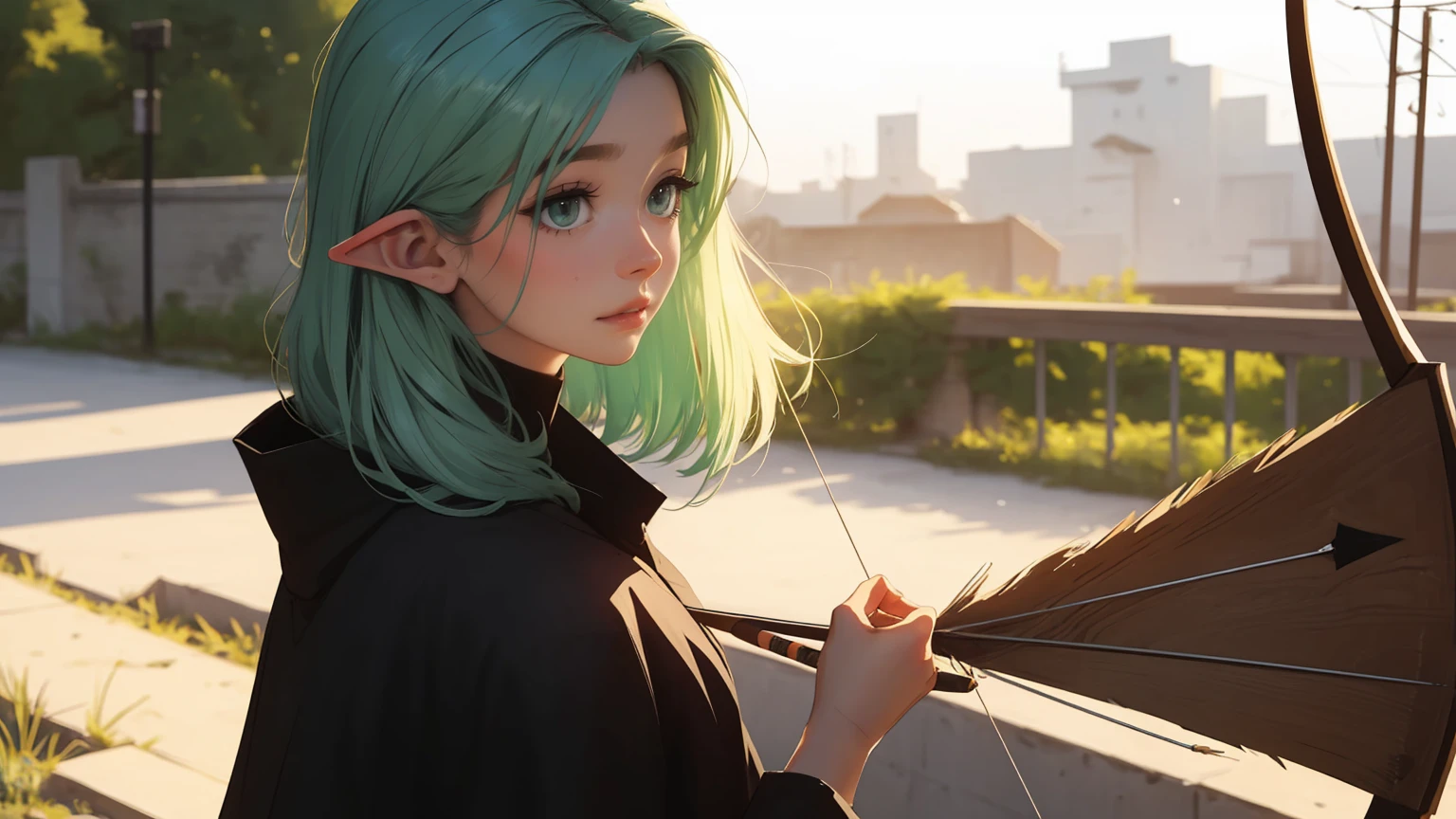 masterpiece, Best quality, 1 girl,((​masterpiece)), (best quality),, offcial art, Extreme detail CG Unity 8K wallpaper, muito detalhado, shiny skin, depth of field, vivid-color,, 1Girl, (curvy:1.0), (Full body:0.8), Portrait Sophie Mudd, Casual pose, gorgeous young model, cute young woman, a beautiful -aged Girl, very pretty model, young , cute young Girl, beautiful young Girl, nice model, long light green hair, young and cute Girl, Girl, High Elf Archer, Goblin slayer Anime-Series, High Elf Archer from Anime-Series, Anime-Series, wears a brown cloak, holds BOW in his hand, Bow is on her back, Stack of arrows, Archer, shy, short, Full body view, Single person, only Single person in image, Full bodyansich, Spiritual peace, golden ratio composition, cowboy shot, brilliant, brilliant hair, (night:1.2),Dreamy, [[gentle fingers and hands:0.55]::0.85],(detailed fingers),),(emotional),(breathtaking),(main part:1.2) whole body.), (Anime Style), (Super Detailed), (brutal), (uhd, HDR), (8k), (High Resolution: 1.2), (Complex and Beautiful: 1.2)