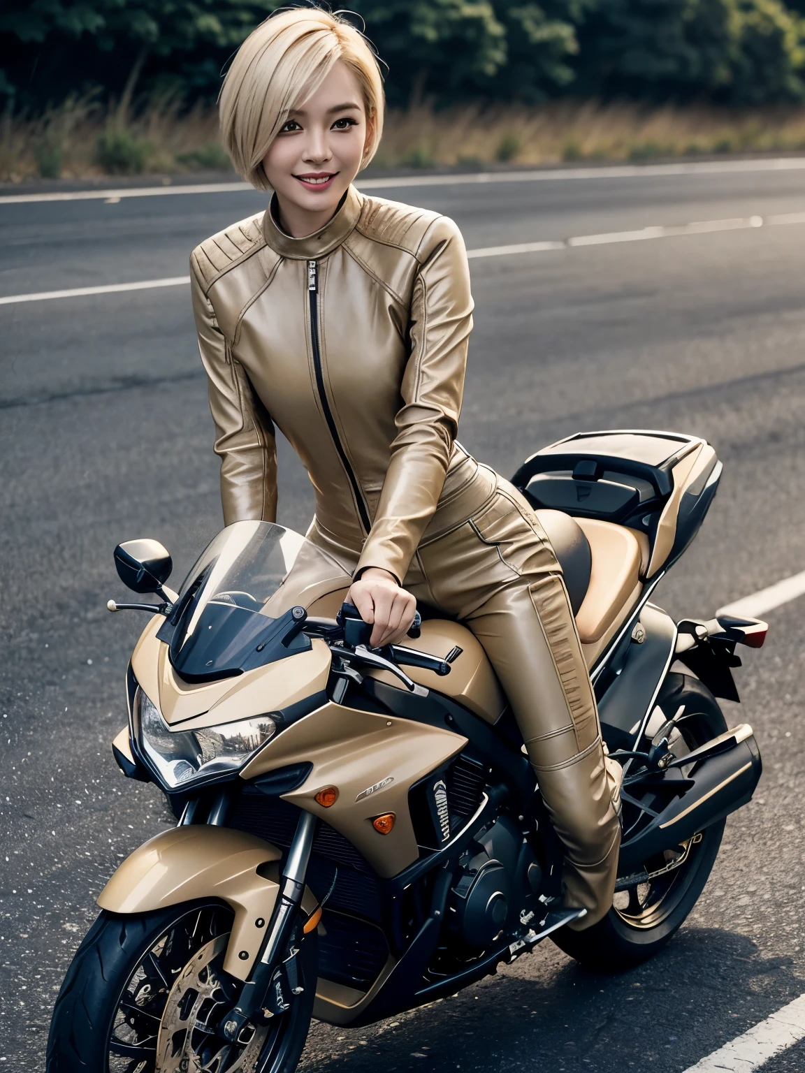 smile、One beautiful Asian woman、Blonde short bob hair、Small face、Model proportions、Riding a motorcycle on the road、Long sleeves and pants、Beige racing leather suit
