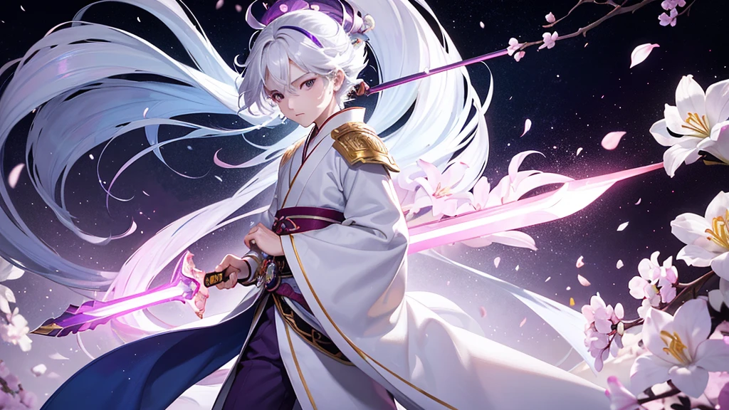 A Chinese boy who has a white hair and holding a sword wearing a white kimono with long long sleeps his kimono has a Persian painting patron and it's shiny behind him is a wall it's like a rock wall half top of the painting is surrounded by white pink purple and light blue flowers like Lily of the Valley and violets and the bottom of the painting there is so many gemstones who are pink purple and light blue the boy has a hair accessory that has a diamond shape gemstone stone that is deep red the boy hold the sword with both hand in the front of him and his pose is kind of like 3.4 of his face showing to us he's har is so long