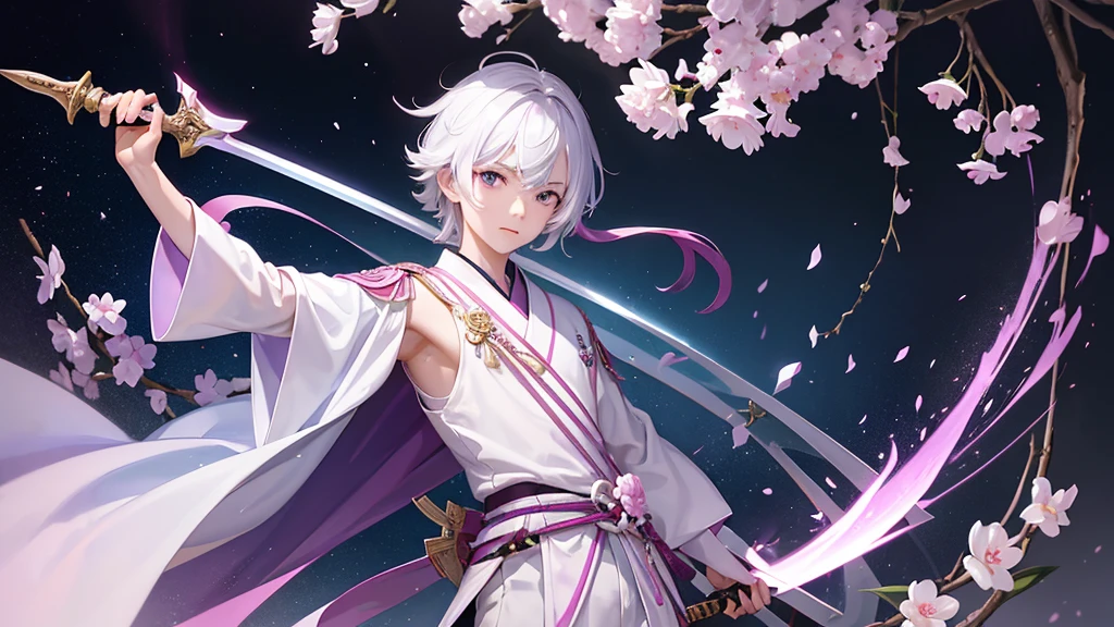 A Chinese boy who has a white hair and holding a sword wearing a white kimono with long long sleeps his kimono has a Persian painting patron and it's shiny behind him is a wall it's like a rock wall half top of the painting is surrounded by white pink purple and light blue flowers like Lily of the Valley and violets and the bottom of the painting there is so many gemstones who are pink purple and light blue the boy has a hair accessory that has a diamond shape gemstone stone that is deep red the boy hold the sword with both hand in the front of him and his pose is kind of like 3.4 of his face showing to us he's har is so long