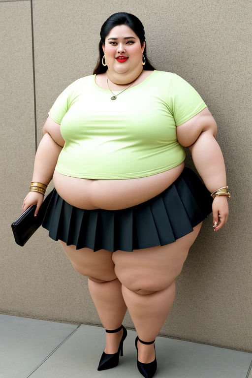 masterpiece, best quality, live action photo, 140kg extremely obese woman, large stomach, H-type miniskirt, high heel, necklace, earring, bracelet