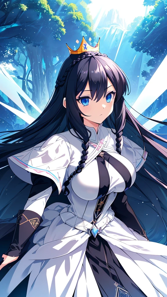 best quality, extremely detailed,anime style girl,long hair down to the waist, straight hair, ((dark black hair with bluish)),((crown braid)),beautiful detailed eyes, pinched eyes, (dark blue eyes),huge breasts,curvy,((((white main princess battle dress)))),clothing with complex patterns,cool expression,((nature)),Sunlight,((Diagonal angle)),dynamic angle