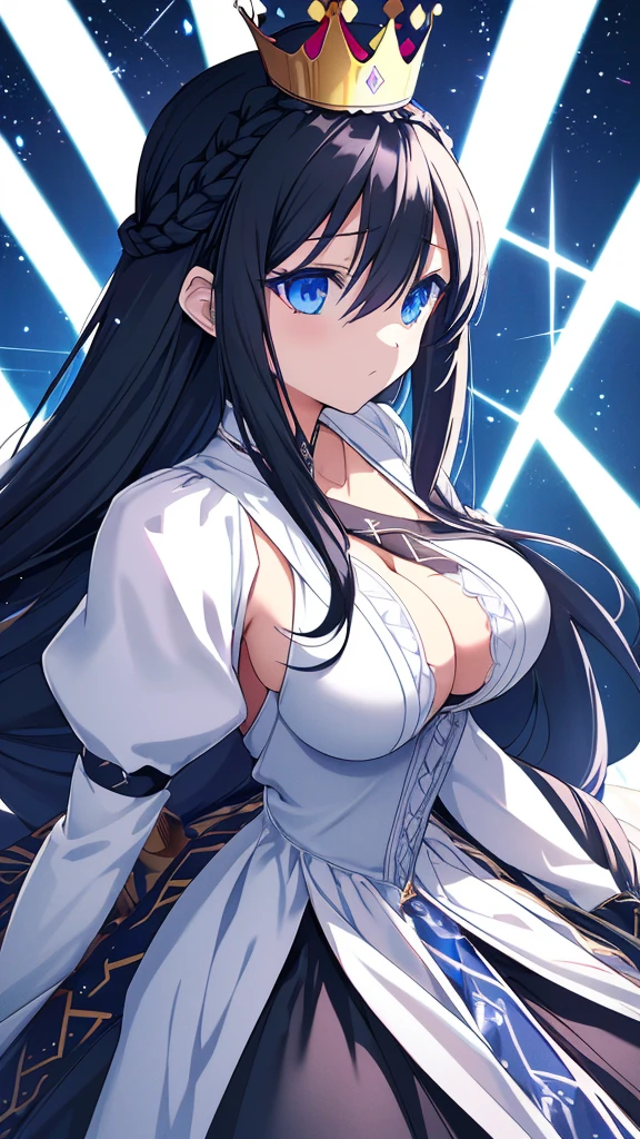 best quality, extremely detailed,anime style girl,long hair down to the waist, straight hair, ((dark black hair with bluish)),((crown braid)),beautiful detailed eyes, pinched eyes, (dark blue eyes),huge breasts,curvy,((((white main princess battle dress)))),clothing with complex patterns,cool expression,((nature)),Sunlight,((Diagonal angle)),dynamic angle