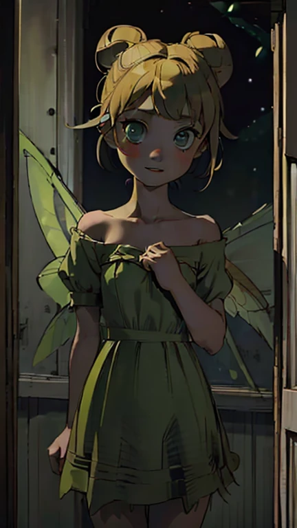 best quality,masterpiece,1girl,solo,(((13years old))),japanese girl,an extremely cute and beautiful girl,highly detailed beautiful face and eyes,petit,cute face,lovely face,baby face,shy smile,show teeth, Blonde hair,short hair,flat chest,skinny,slender,(((wearing a TinkerWaifu, single hair bun
strapless green dress
fairy wings))),(((standing in Dark Midnight reelunsettling, indoors, solo))),she is looking at the viewer, upper body, (at night, darkness, no light:1.4)