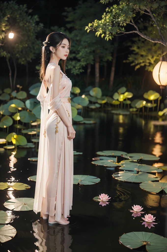 (((best quality))),(((ultra detailed))),(((masterpiece))),illustration,((1 beautiful young girl,solo)),((slim,thin)),(shoulder length straight hair:1.2),((earrings,necklace)),((small breasts,flat chest)),(see through traditional pink sheer Hanfu dress:1.3),((slender legs,bare legs,loafers)),(beside the lotus pond full of lotus flowers:1.3), serene moonlight, ethereal,floral pattern, water movement, billowing fabric, tranquil,petals, fireflies, magical, light,warm light, dreams, invitation, (standing:1.3),(arms behind back:1.3),gazing, reflection, inner thoughts, emotional, sweet scent, natural beauty, solitude, hypnotic lull, eternal summer,(night scene:1.3), natural world, human spirit, celebration, backdrop, water, glow,((from front,full body))