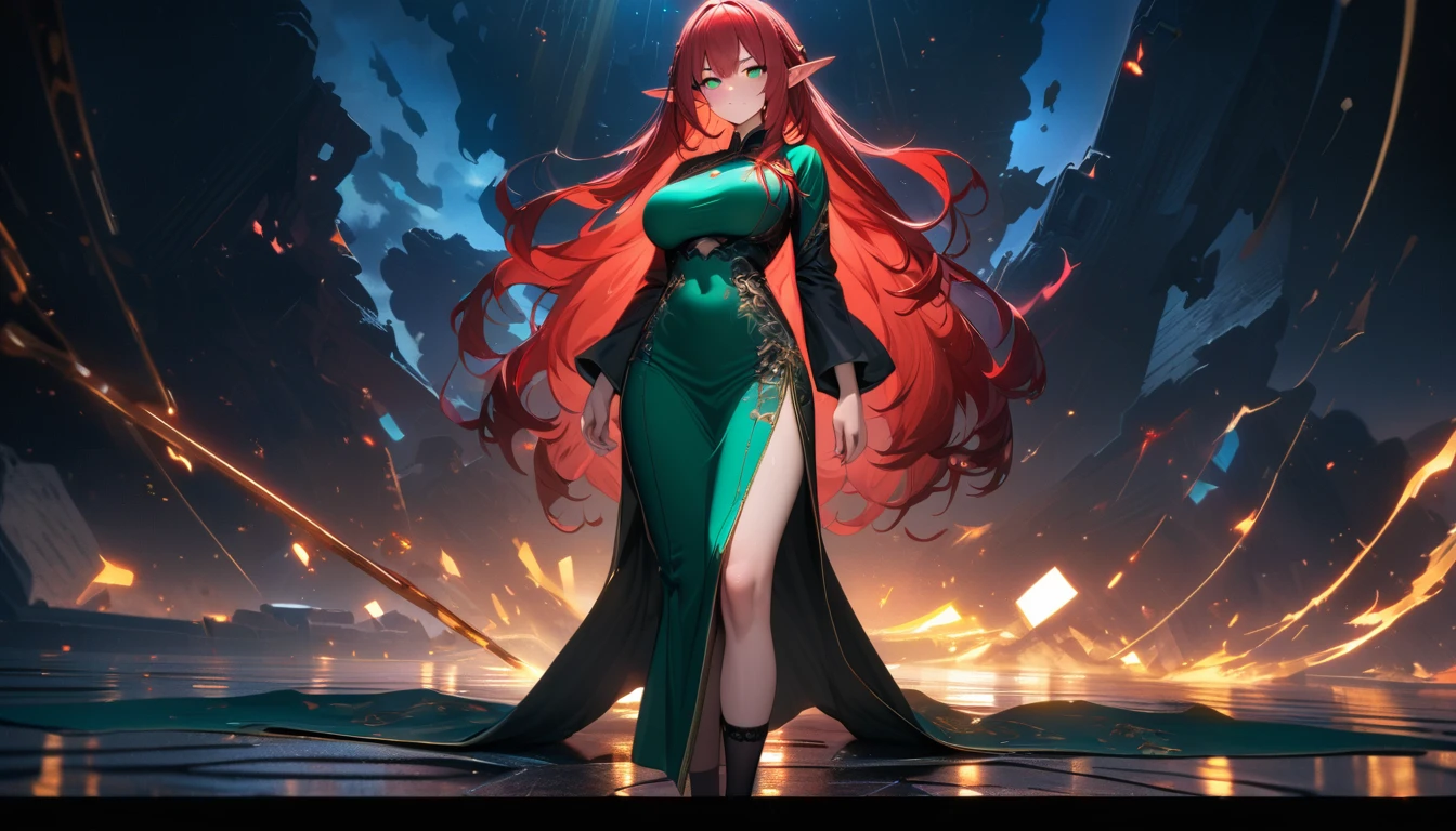 masterpiece, Best quality, 1 girl,photo, w(red-crimson hair) elf ears, freckles, adult woman, sculpted body, Super detailed hand, super detailed face, Hyper detailed body, (emerald green eyes), Big breasts, concentrated eyes, Quite detailed eyes, pale skin, Flushed face, (( in a long black Chinese dress)), Body hair longo, Body hair (connected), serious expression, Frowning eyes, partes do full body, Whole limbs, ((full body)), Gorgeous fur, a high resolution, 4K, The waist is thin, small foot, role model, best quality specialist, (long black sock), good lighting, simple background, darkness background, High-resolution image, digital painting, Spiritual peace, golden ratio composition, cowboy shot, brilliant, brilliant hair, (night:1.2),Dreamy, [[gentle fingers and hands:0.55]::0.85],(detailed fingers),),(emotional),(breathtaking),(main part:1.2) whole body.), (Anime Style), (Super Detailed), (brutal), (uhd, HDR), (8k), (High Resolution: 1.2), (Complex and Beautiful: 1.2)