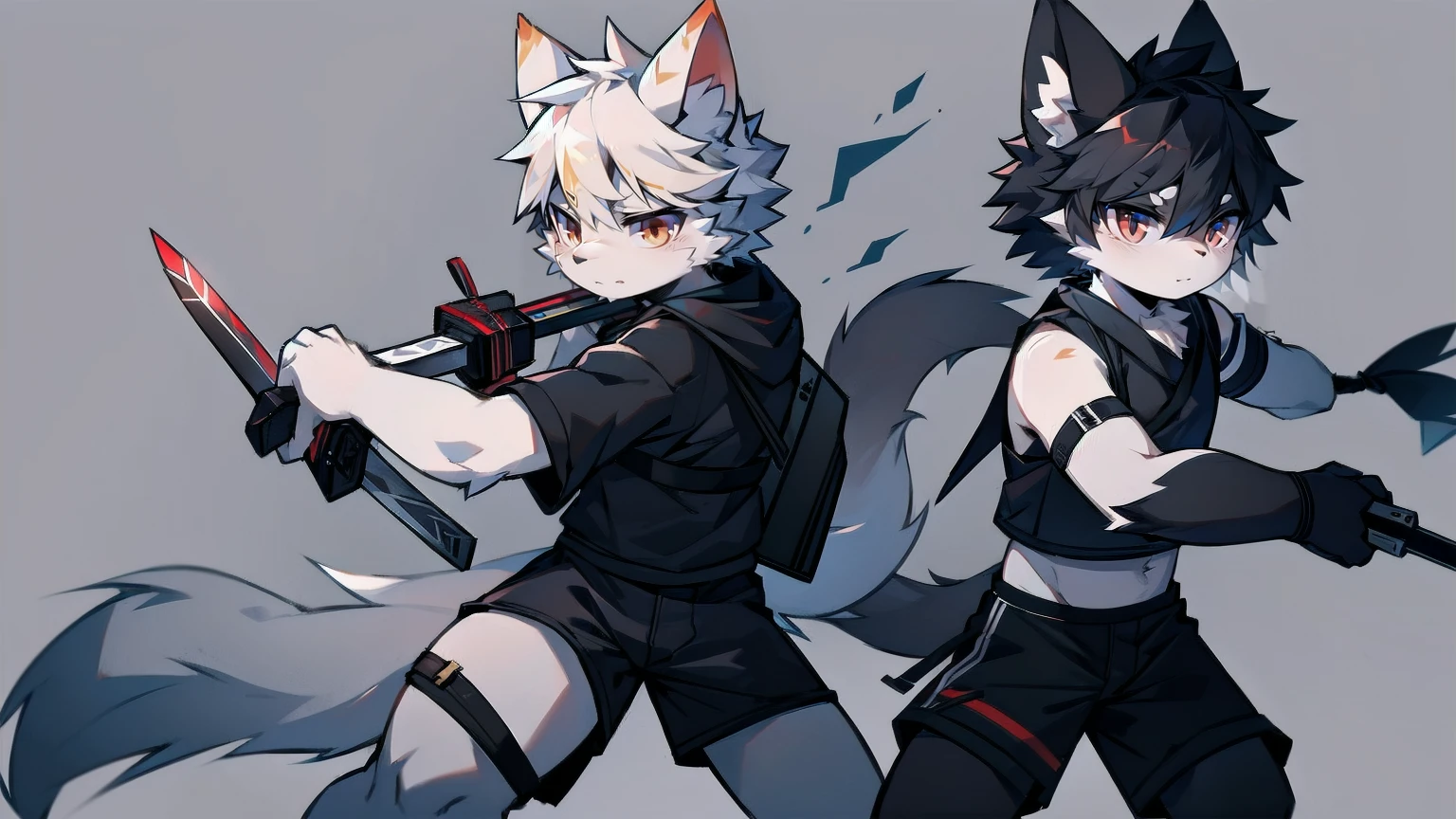 White Wolf，black hair，Red eyes，Wolf ears，Wolf Tail，juvenile，male，hairy，Hair，Half body armor，Combat uniform，Silver and black clothing，Handsome，Handsome，shorts，The forearm is exposed，leg，Fighting Stance，Duel，Two people，Anxious，Armed with a sword，Simple background，Swords
