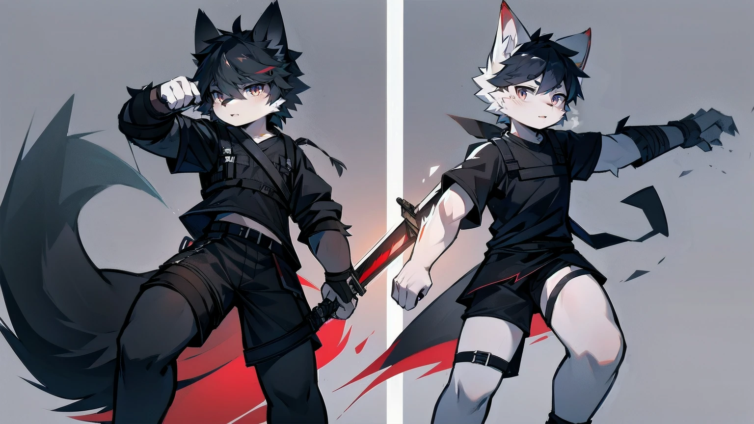 White Wolf,black hair,Red eyes,Wolf ears,Wolf Tail,juvenile,male,hairy,Hair,Half body armor,Combat uniform,Silver and black clothing,Handsome,Handsome,shorts,The forearm is exposed,leg,Fighting Stance,Duel,Two people,Anxious,Armed with a sword,Simple background,Swords