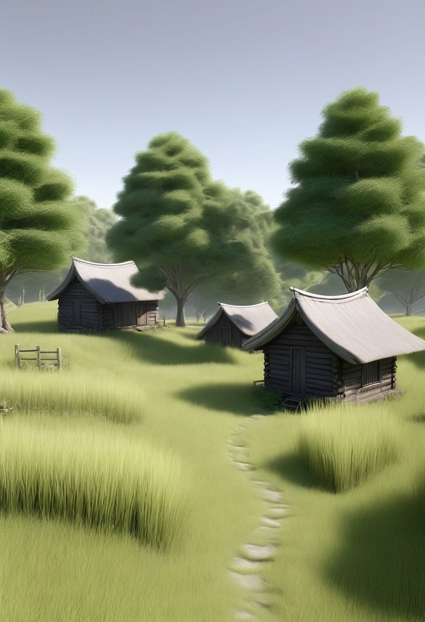 diffuse light, AO, ambient occlusion, landscape, nature, high quality, trees, grass, lawn, grasses, shacks