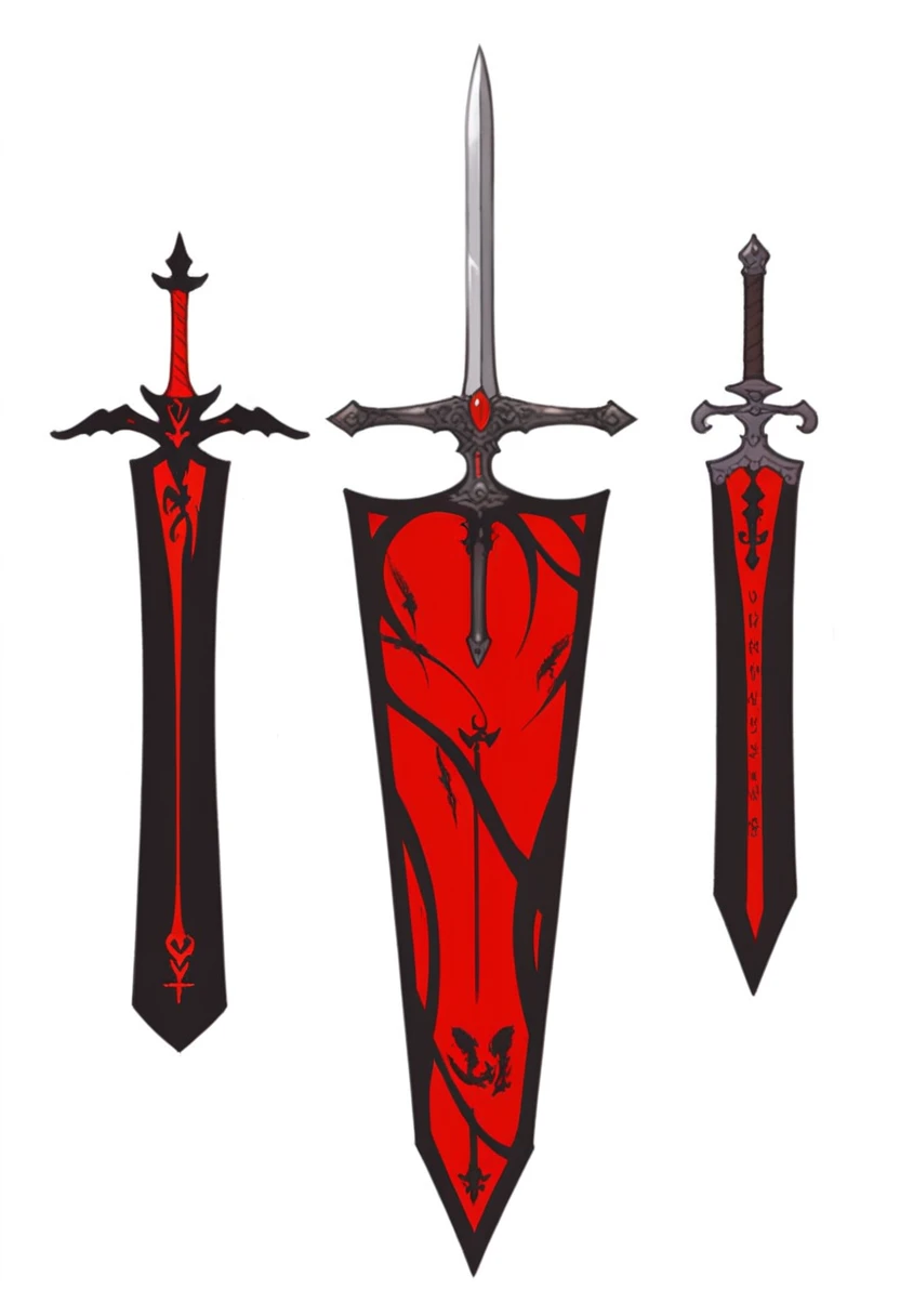 there are two different types of swords with red paint on them, black and red fantasy sword, sword design, swords, metal swords, swords drawn, fantasy sword of warrior, medieval sword, many swords, medieval weapon, multiple floating swords, sword, daggers, tarot swords, fantasy sword, style of ghost blade, beautiful sword, an evil sword, sword and shield
