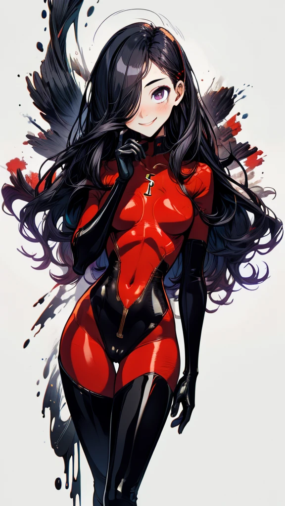 (whole body),masterpiece, Highest quality, One Girl, purple, Long Hair, Black Hair,  Hair on one eye,  (Red Hero Suit)，Red bodysuit，black elbow gloves，Black thigh-high boots，Thick thighs，Place one hand on hip，upright，View your viewers, smile, Simple Background 