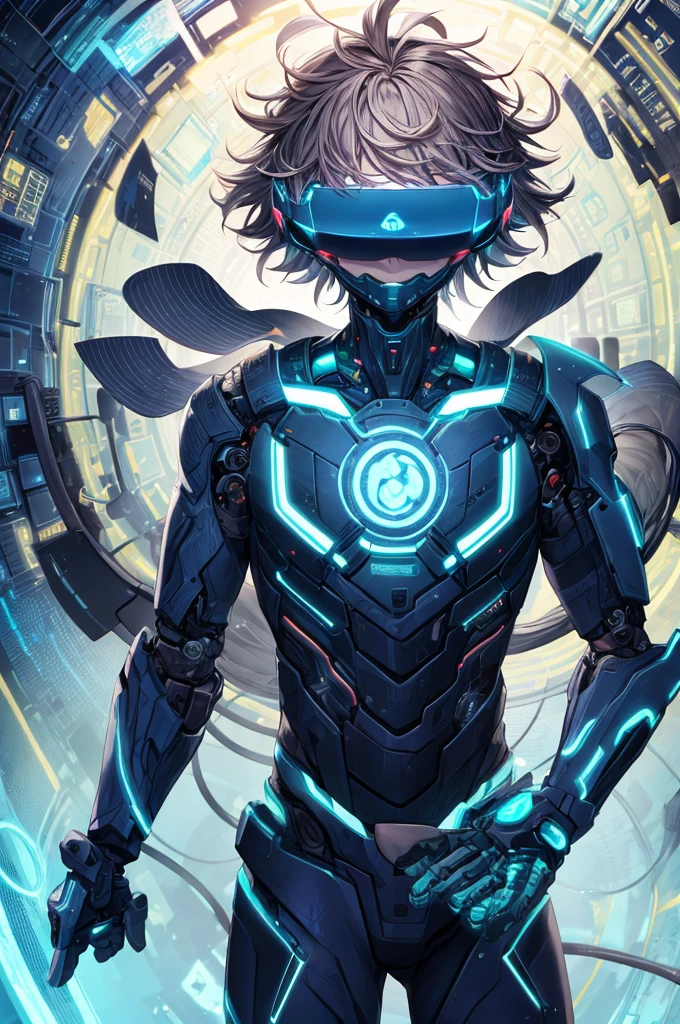 best quality, head-mounted display,
(1 boy), twink, exposed belly, surrounded by azure neon, blone short messy hair, short floating hair, NodesTech mascara, NodesTech headdress, ethereal hair, multicolored azure hair, wearing crop top cyborg armor
BREAK sci-fi background, detailed background,  azure neon background, data space