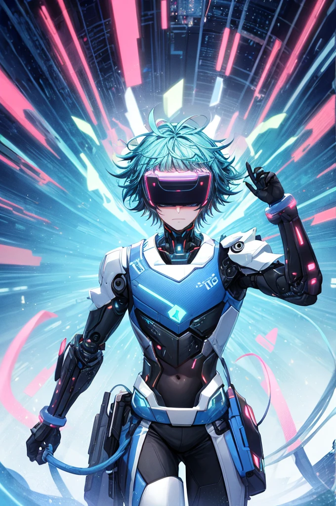 best quality, head-mounted display,
(1 boy), twink, exposed belly, surrounded by azure neon, blone short messy hair, short floating hair, NodesTech mascara, NodesTech headdress, ethereal hair, multicolored azure hair, wearing crop top cyborg armor
BREAK sci-fi background, detailed background,  azure neon background, data space