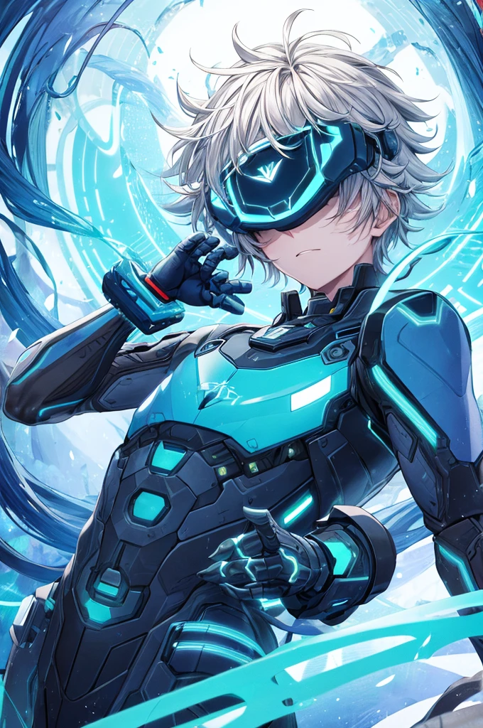 best quality, head-mounted display,
(1 boy), twink, exposed belly, surrounded by azure neon, blone short messy hair, short floating hair, NodesTech mascara, NodesTech headdress, ethereal hair, multicolored azure hair, wearing crop top cyborg armor
BREAK sci-fi background, detailed background, azure neon background, data space