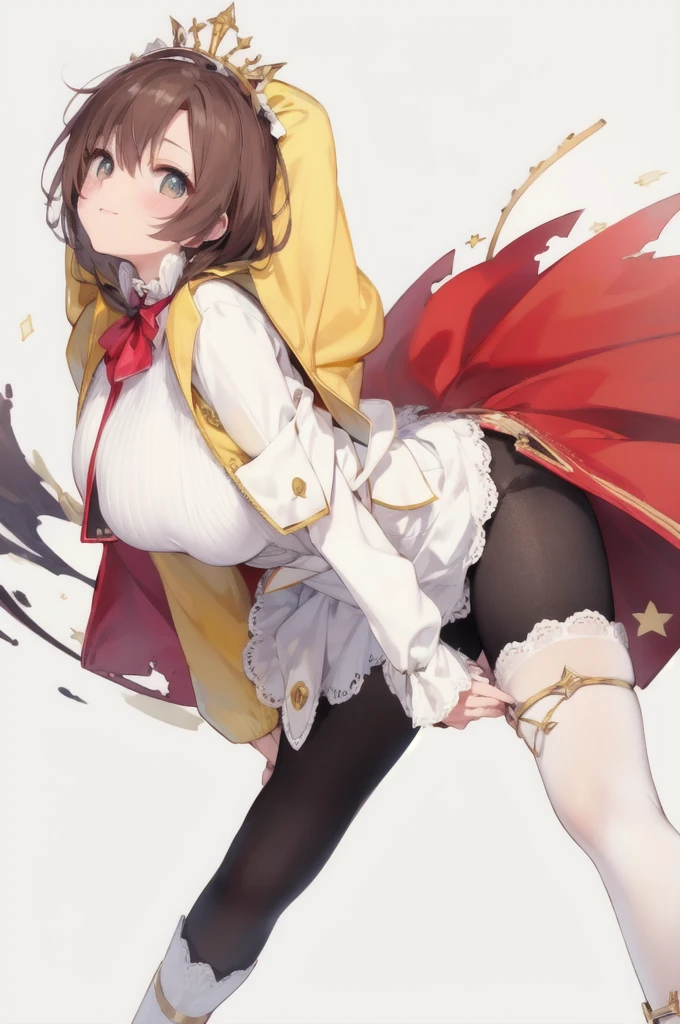 1.5),(girl),(Dynamic pose),Brown Hair,(Vermilion eyes),(first round),Big Breasts,White dress,Yellow coat,Korone