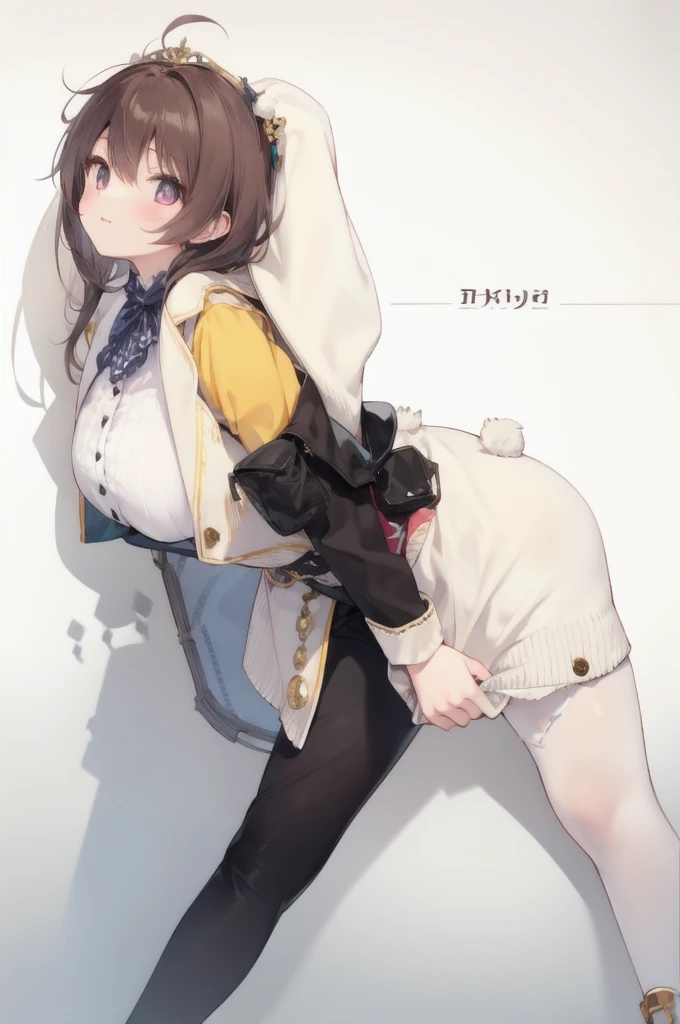 1.5),(girl),(Dynamic pose),Brown Hair,(Vermilion eyes),(first round),Big Breasts,White dress,Yellow coat,Korone