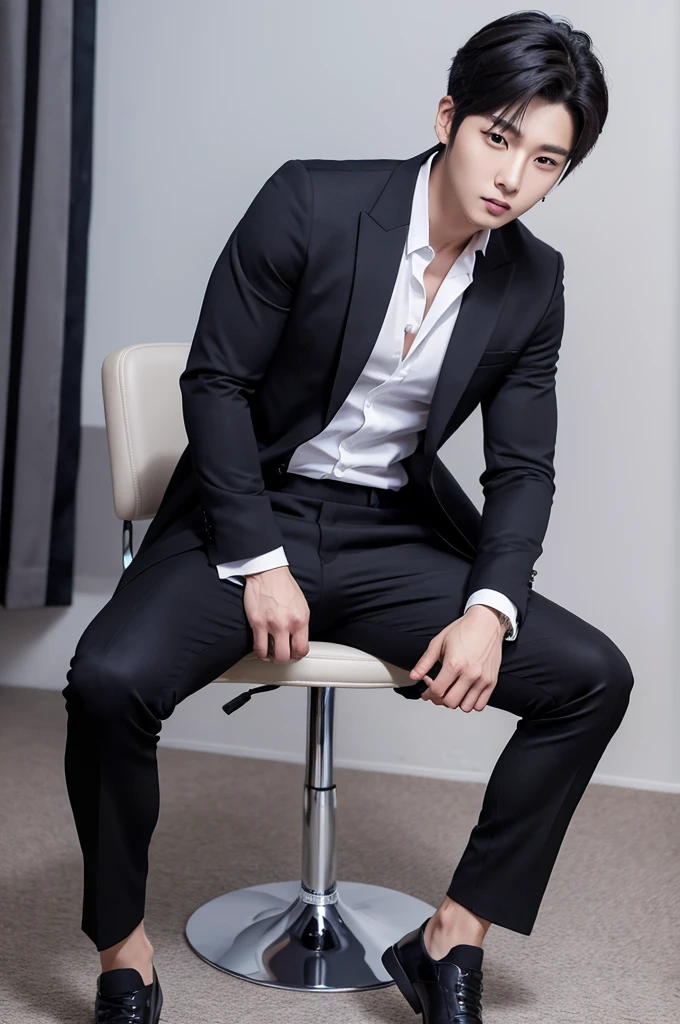 Handsome K-POP Asian male star with strong abdominal and chest muscles wearing a suit sitting on a chair,Bulge in the crotch of pants,Raise your feet without shoes and wear black reflective