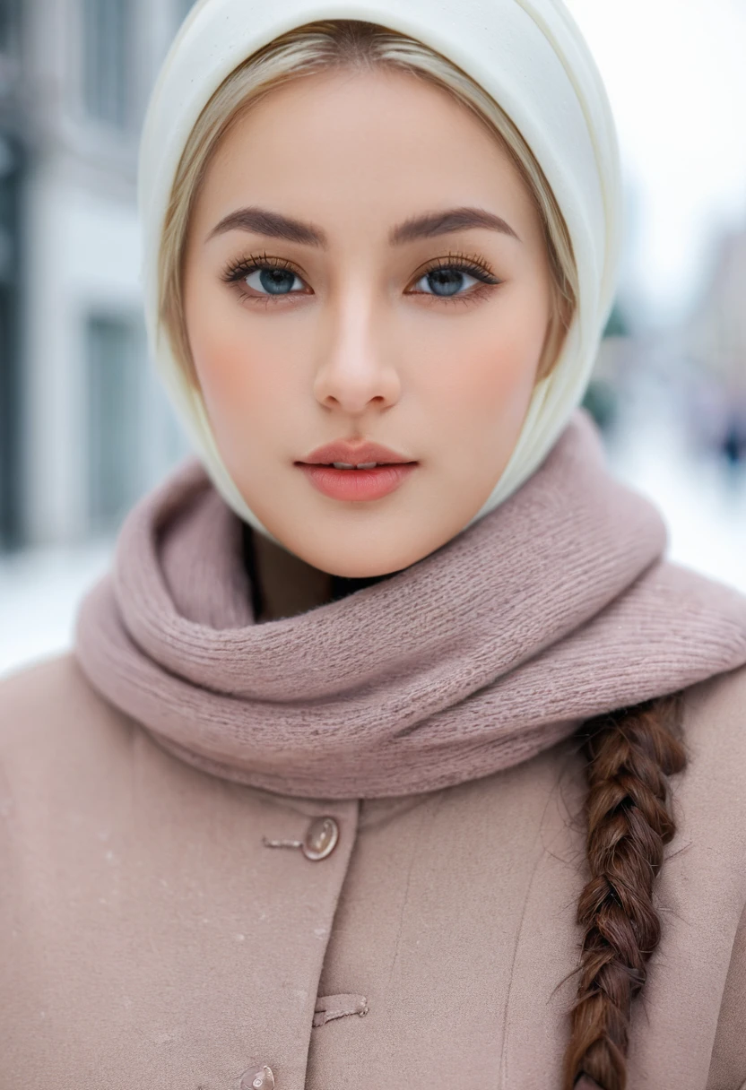 professional portrait photograph of a gorgeous Norwegian girl in winter clothing with hijab, sultry flirty look, gorgeous symmetrical face, cute natural makeup, wearing elegant warm winter fashion clothing, ((standing outside in snowy city street)), stunning modern urban environment, ultra realistic, concept art, elegant, highly detailed, intricate, sharp focus, depth of field, f/1. 8, 85mm, medium shot, mid shot, (((professionally color graded))), bright soft diffused light, (volumetric fog), trending on instagram, hdr 4k, 8k