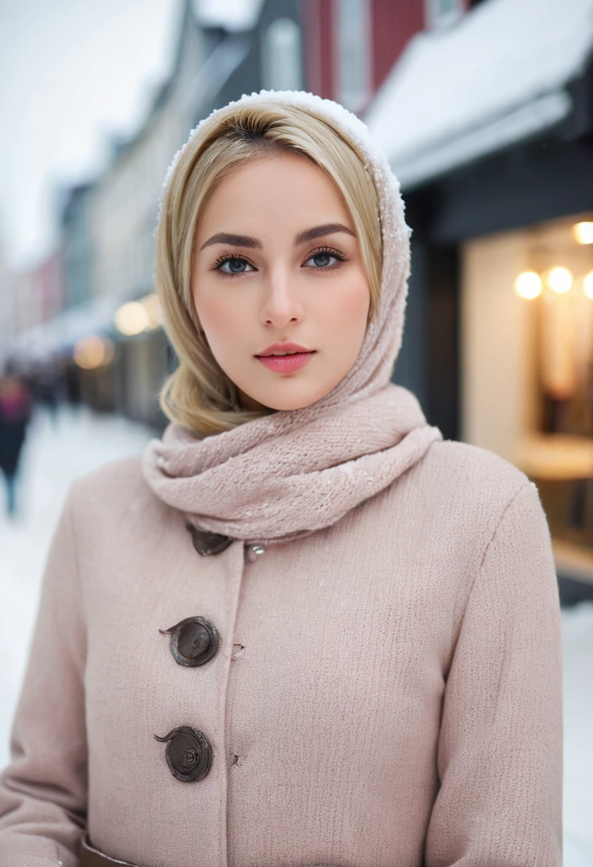 professional portrait photograph of a gorgeous Norwegian girl in winter clothing with hijab, sultry flirty look, gorgeous symmetrical face, cute natural makeup, wearing elegant warm winter fashion clothing, ((standing outside in snowy city street)), stunning modern urban environment, ultra realistic, concept art, elegant, highly detailed, intricate, sharp focus, depth of field, f/1. 8, 85mm, medium shot, mid shot, (((professionally color graded))), bright soft diffused light, (volumetric fog), trending on instagram, hdr 4k, 8k