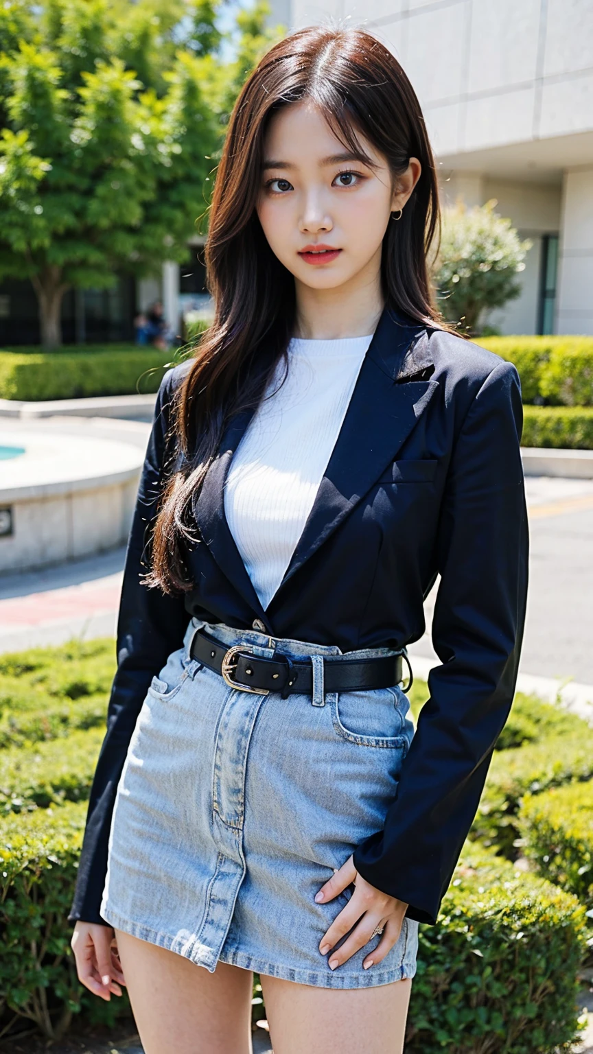(8k、RAW Photos、Highest quality、masterpiece:1.2)、(Realistic、Realistic)、1 Girl、((suit、Black Mini Skirt、Medium Hair、boots、garden、View from the front、Looking at the camera、belt、Hands on your hips))、cute