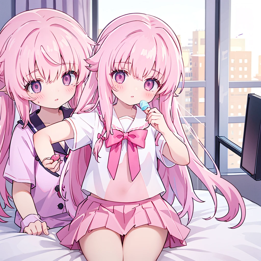 1girl,while holding an icecream, pink hair, pink eyes with love, detailed eyes, straight hair, straight bangs, shiny hair,
,red bowtie,purple skirt,purple shirt,pleated skirt,short sleeves,looking at the viewer, high-definition,masterpiece,best quality, masterpiece, best quality, high resolution, aabeta, double, sitting on a pink white bed, slim waist, cute, sailor uniform, super close up selfie (PastelColors: 1.3)