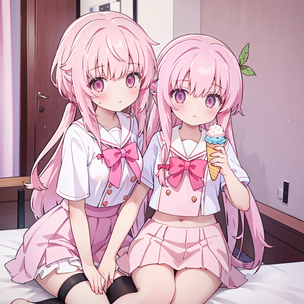 1girl,while holding an icecream, pink hair, pink eyes with love, detailed eyes, straight hair, straight bangs, shiny hair,
,red bowtie,purple skirt,purple shirt,pleated skirt,short sleeves,looking at the viewer, high-definition,masterpiece,best quality, masterpiece, best quality, high resolution, aabeta, double, sitting on a pink white bed, slim waist, cute, sailor uniform, super close up selfie (PastelColors: 1.3)