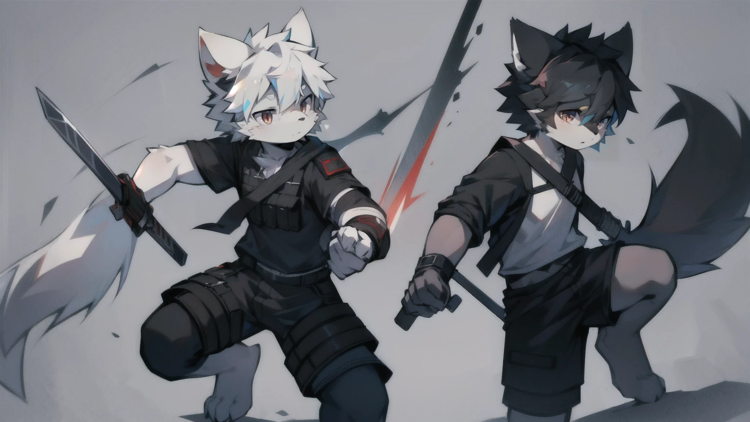 White Wolf，black hair，Red eyes，Wolf ears，Wolf Tail，juvenile，male，hairy，Hair，Half body armor，Combat uniform，Silver and black clothing，Handsome，Handsome，shorts，The forearm is exposed，leg，Fighting Stance，Duel，Two people，Anxious，Armed with a sword，Simple background，Swords
