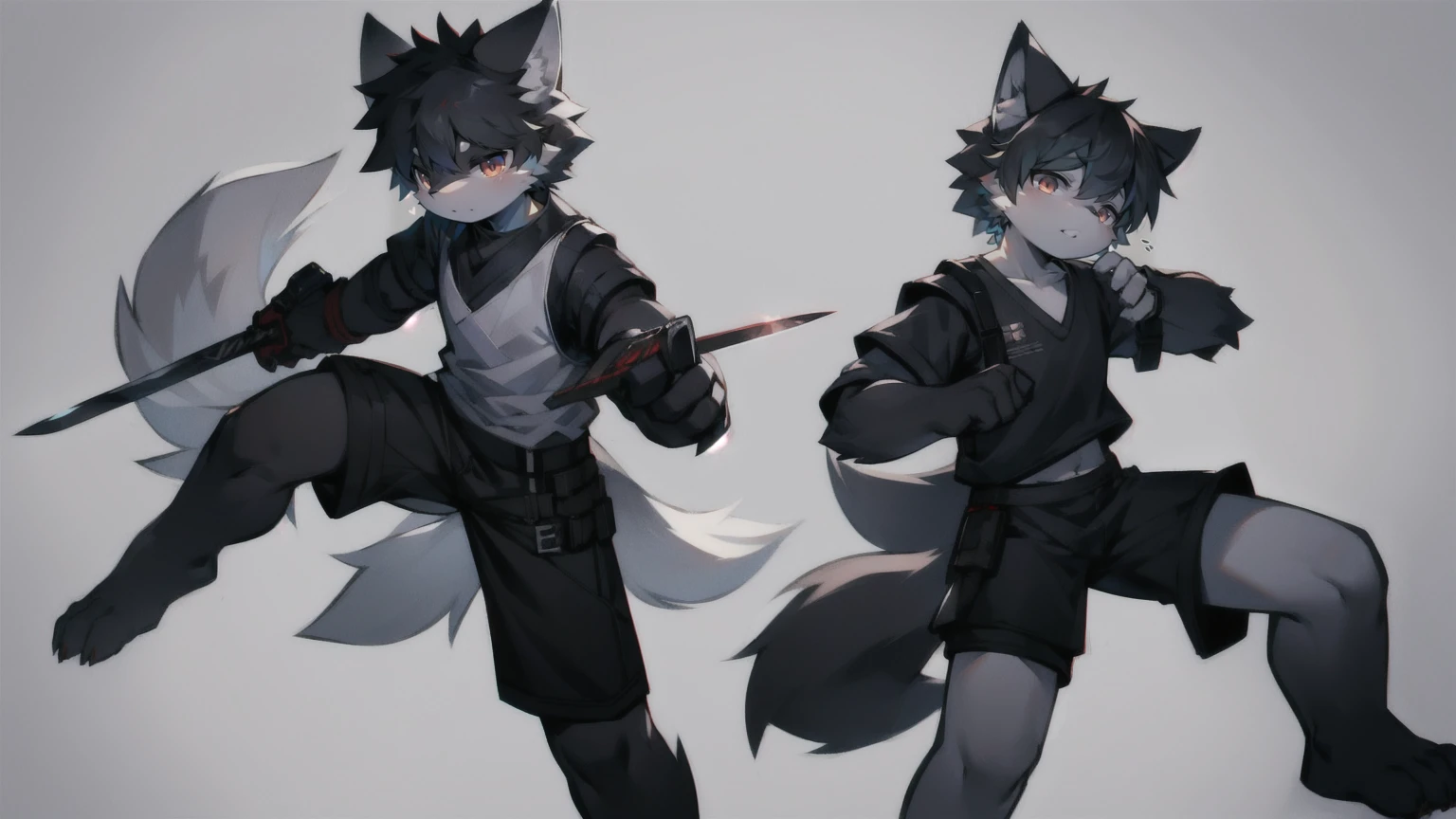 White Wolf,black hair,Red eyes,Wolf ears,Wolf Tail,juvenile,male,hairy,Hair,Half body armor,Combat uniform,Silver and black clothing,Handsome,Handsome,shorts,The forearm is exposed,leg,Fighting Stance,Duel,Two people,Anxious,Armed with a sword,Simple background,Swords