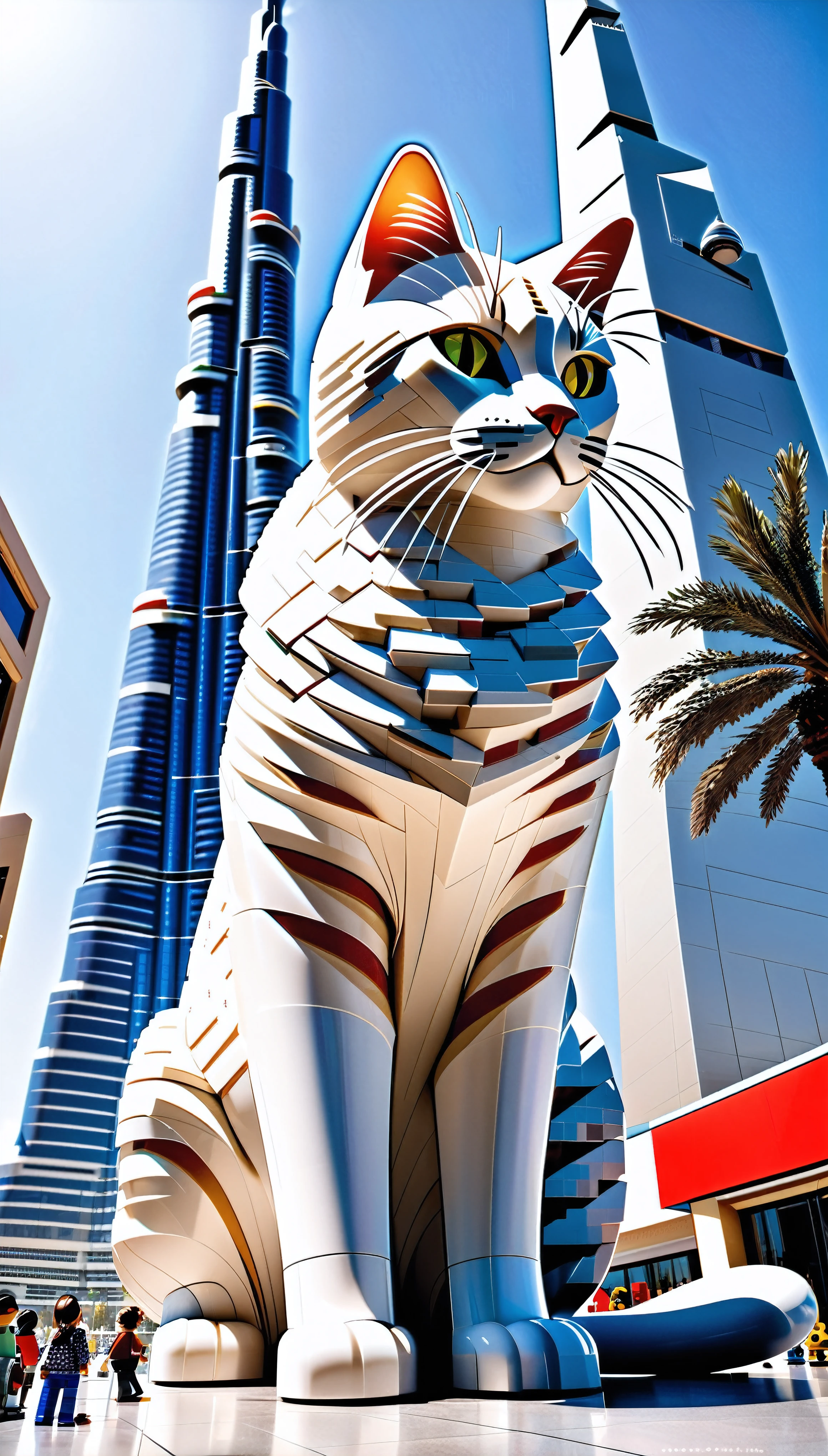 Build a cat out of LEGO bricks next to the Burj Khalifa, Built with Lego blocks, very huge cat, 
