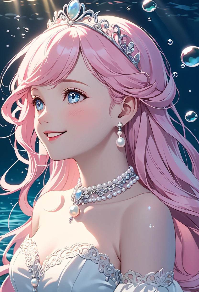 (Highest quality, masterpiece, Very detailedな, Very detailed, Exquisite, 16K,Full HD),Lilia, A girl with long pink hair, Blue eyes, a white dress with black lace, a big pink ribbon on her chest, a white flower hair ornament around her right ear.A little closer,Golden Ratio,Dramatic lighting,pastel colour,Soft lighting,Laughter,bubble,Underwater,Ocean, pastel colourの珊瑚礁,((alone:1.5)),((swim,seems to be happy,smile,sing:1.5)),(The Little Mermaid:1.4),( Long eyelashes,White skin,slim,pale pink plump lips,Pale pink cheeks, The wind is blowing,Silver and pearl decoration,Pearl tiara,Pearl Earrings,Pearl Earrings,Pearl Choker, (Fantasy, Romantic atmosphere),