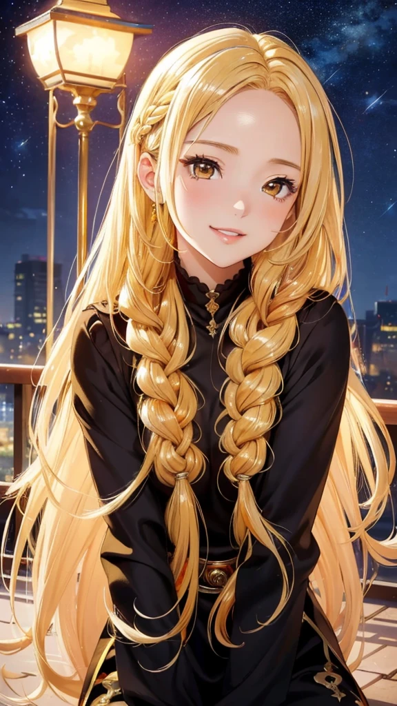 nsfw,masterpiece、highest quality、High resolution、high quality images、8K, 1 female、skin luster、skin texture、Expression of fine eyes、(Shiny bright golden hair:1.8),Girl with long braided hair, realism, Detailed manga style, manga art style, perfect line drawing, beautiful line drawing, digital manga art girl, (beautiful golden eyes:1.5), Clear, beautiful eyes、plump lips, Detailed gorgeous face, (cute smile), charm, Front view, (perfectly detailed face), (fine hands) 、photorealistic images, Depth of written boundary, Princess hairstyle, Princess、Corolla on the head  , face forward , night sky , night view ，beautiful starry sky  , romanticism、(Princess&#39; gorgeous golden dress:1.5)、(medium breasts:1.5)、smile、blush、princess tiara、Fluffy blonde、Gorgeous blue sparkling earrings、Gorgeous gold bracelet、Gorgeous gold anklets、(Gorgeous gold thin nipple rings:1.3)、Palace balcony、Nadia: The Secret of Blue Water Necklace、(oblong face:1.5)、(Sparkling Glitter:1.2)、Cover your forehead with bangs、Bangs between the eyes、(full body:1.6)、(standing:1.3)、(portrait:1.0)、The chest is also visible