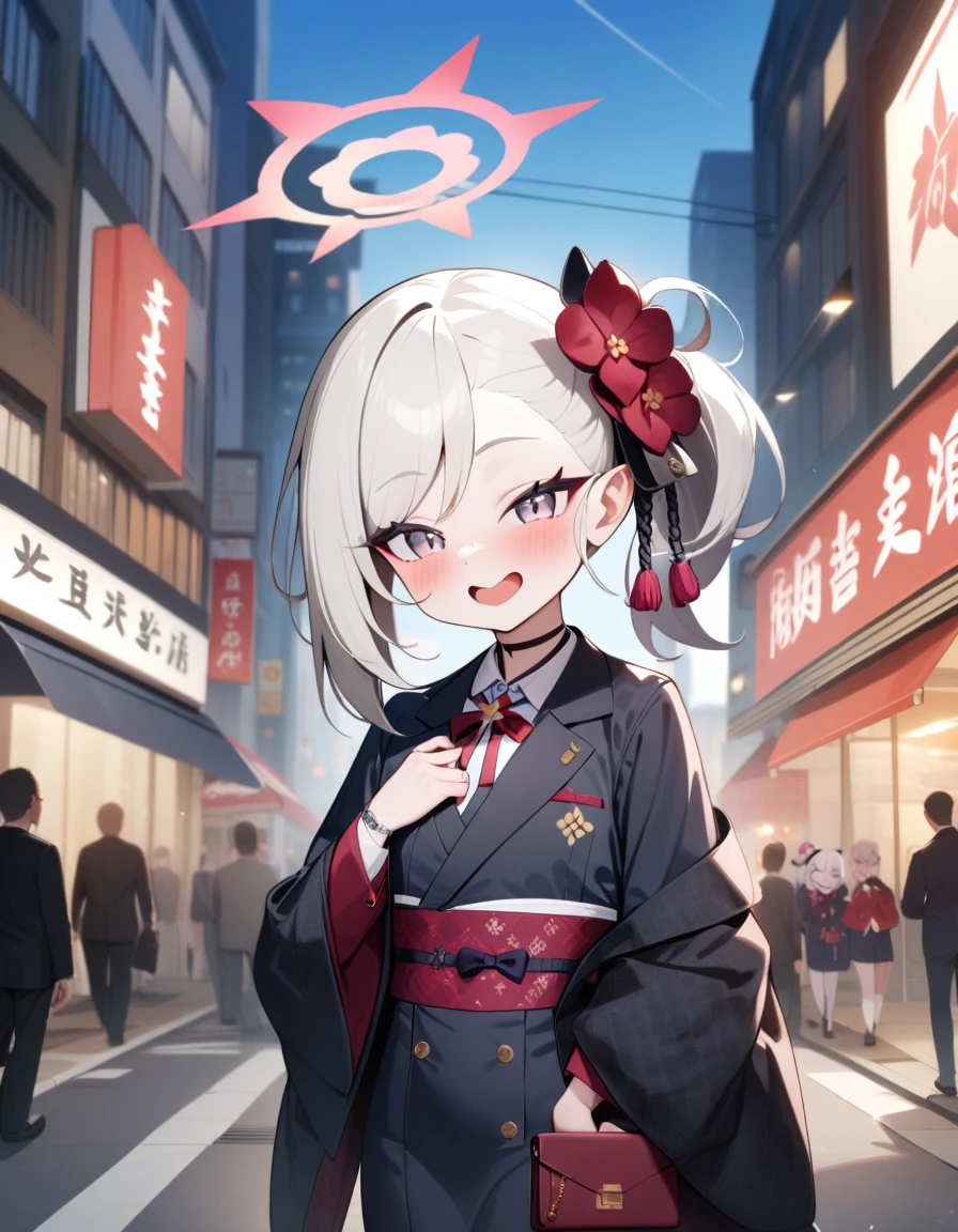 1girl, mutsuki \(new year\) \(blue archive\), blue archive,secretary,suit,cool,city street,masterpiece,very aesthetic,newest,sensitive