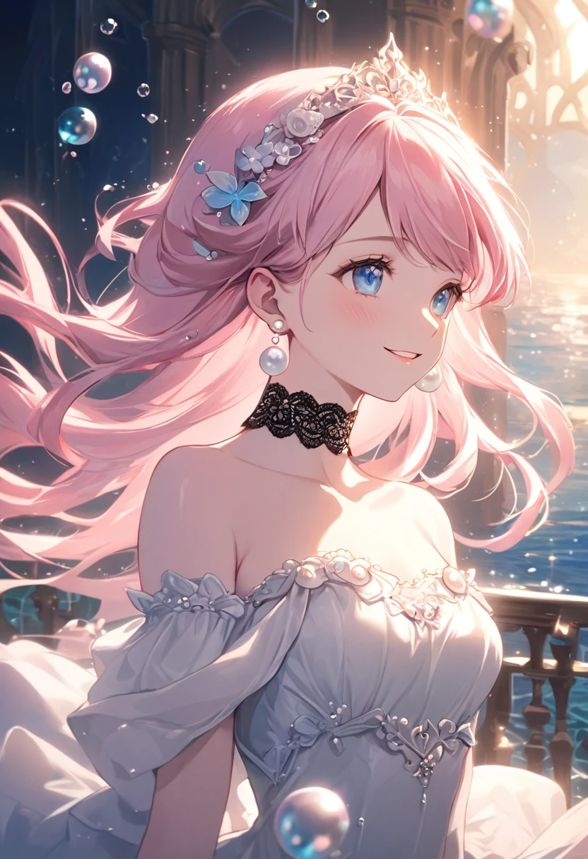 (Highest quality, masterpiece, Very detailedな, Very detailed, Exquisite, 16K,Full HD),Lilia, A girl with long pink hair, Blue eyes, a white dress with black lace, a big pink ribbon on her chest, a white flower hair ornament around her right ear.A little closer,Golden Ratio,Dramatic lighting,pastel colour,Soft lighting,Laughter,bubble,Underwater,Ocean, pastel colourの珊瑚礁,((alone:1.5)),((swim,seems to be happy,smile,sing:1.5)),(The Little Mermaid:1.4),( Long eyelashes,White skin,slim,pale pink plump lips,Pale pink cheeks, The wind is blowing,Silver and pearl decoration,Pearl tiara,Pearl Earrings,Pearl Earrings,Pearl Choker, (Fantasy, Romantic atmosphere),