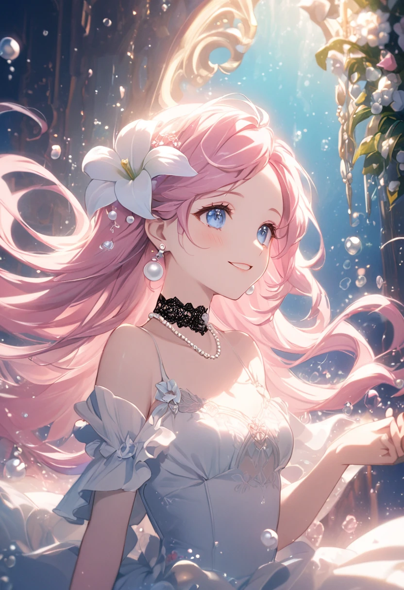 (Highest quality, masterpiece, Very detailedな, Very detailed, Exquisite, 16K,Full HD),Lilia, A girl with long pink hair, Blue eyes, a white dress with black lace, a big pink ribbon on her chest, a white flower hair ornament around her right ear.A little closer,Golden Ratio,Dramatic lighting,pastel colour,Soft lighting,Laughter,bubble,Underwater,Ocean, pastel colourの珊瑚礁,((alone:1.5)),((swim,seems to be happy,smile,sing:1.5)),(The Little Mermaid:1.4),( Long eyelashes,White skin,slim,pale pink plump lips,Pale pink cheeks, The wind is blowing,Silver and pearl decoration,Pearl tiara,Pearl Earrings,Pearl Earrings,Pearl Choker, (Fantasy, Romantic atmosphere),