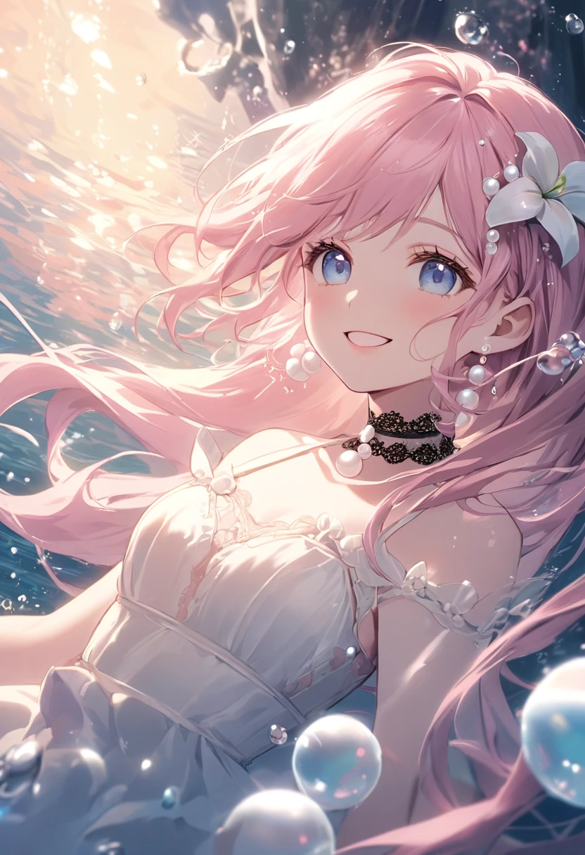 (Highest quality, masterpiece, Very detailedな, Very detailed, Exquisite, 16K,Full HD),Lilia, A girl with long pink hair, Blue eyes, a white dress with black lace, a big pink ribbon on her chest, a white flower hair ornament around her right ear.A little closer,Golden Ratio,Dramatic lighting,pastel colour,Soft lighting,Laughter,bubble,Underwater,Ocean, pastel colourの珊瑚礁,((alone:1.5)),((swim,seems to be happy,smile,sing:1.5)),(The Little Mermaid:1.4),( Long eyelashes,White skin,slim,pale pink plump lips,Pale pink cheeks, The wind is blowing,Silver and pearl decoration,Pearl tiara,Pearl Earrings,Pearl Earrings,Pearl Choker, (Fantasy, Romantic atmosphere),