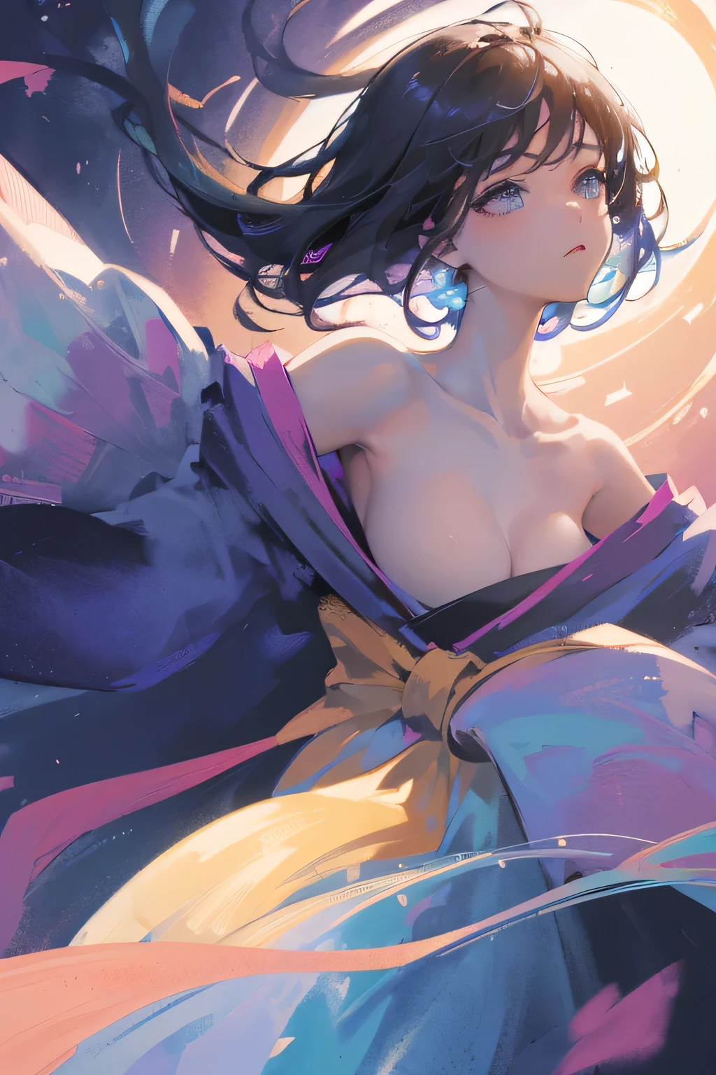 (Close-up image:1.4)((masterpiece:1.5,Highest quality,Beautiful images、2.5D、Abstract、Artistic、Watercolor))(One girl, 独奏)(Cute Girls、large breasts, Gray Hair、short hair、Beautiful breasts、Beautiful breasts cleavage),(profile、Look at an angle、shake your head、Sad look, Floating Hair、Backlight)(Plain background:1.5)((Dynamic Angle:1.5)). (kimono、Off the shoulder、sexly). ((from side))