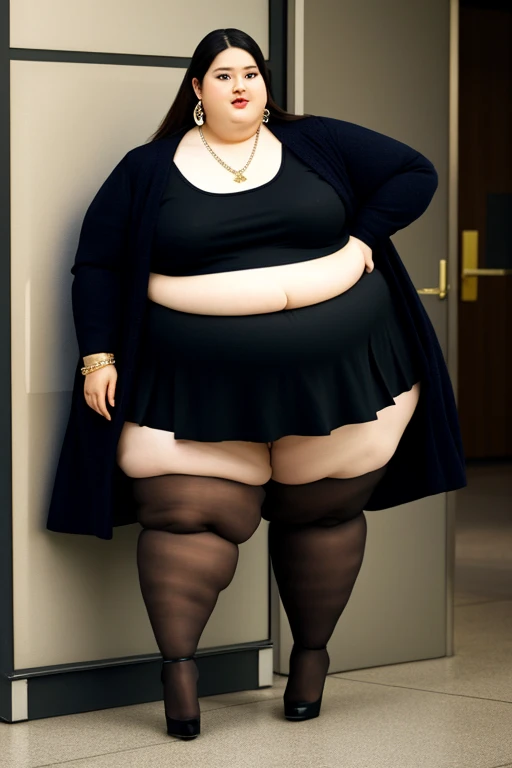 masterpiece, best quality, live action photo, 140kg extremely obese woman, large stomach, H-type miniskirt, high heel, necklace, earring, bracelet