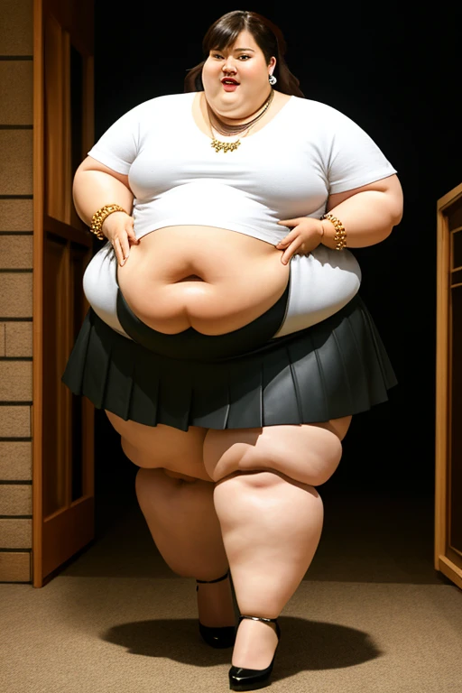 masterpiece, best quality, live action photo, 140kg extremely obese woman, large stomach, H-type miniskirt, high heel, necklace, earring, bracelet